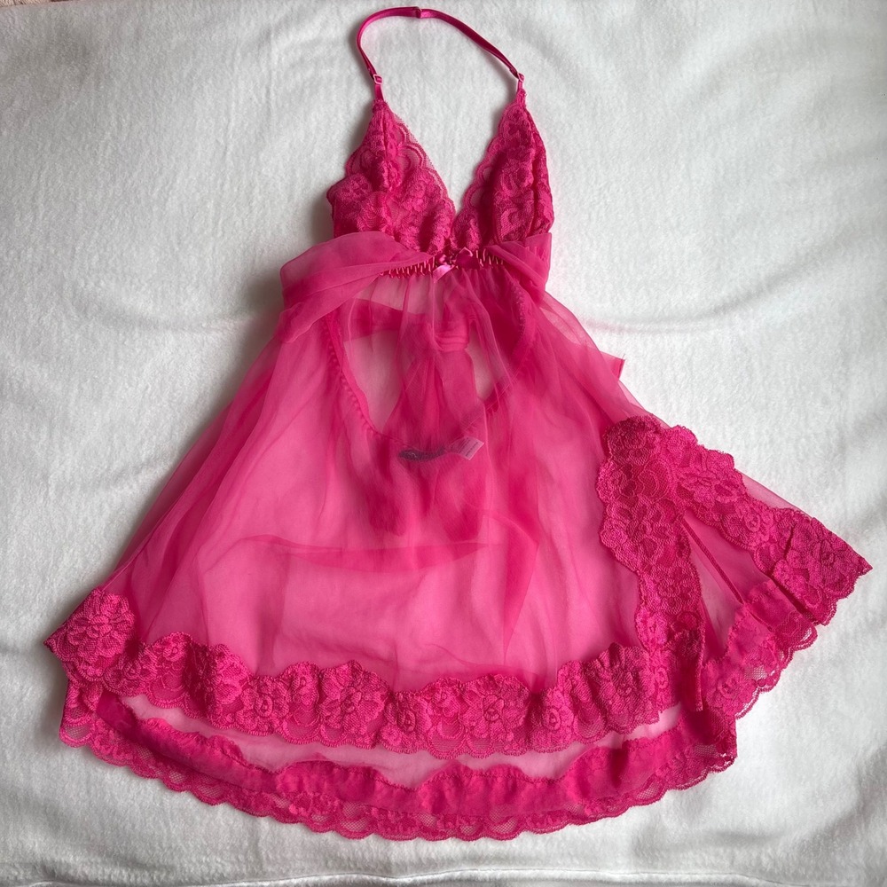 Vintage Fredericks of Hollywood Pink Lace Mesh Babydoll Y2K Halter Chemise Small
